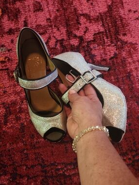 Dance Shoes In Sparkle Peep-Toe Mary Jane Heels in Silver